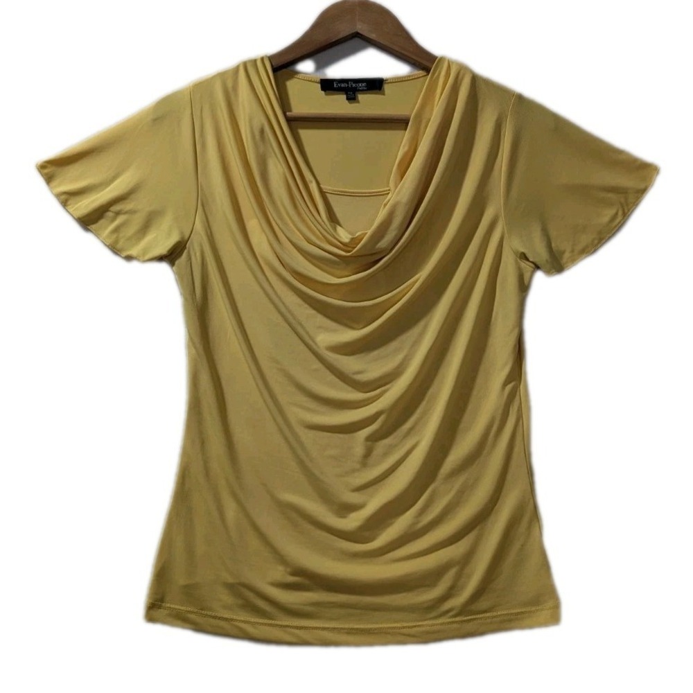 Evan Picone Petite PS Yellow Cowl Neck Stretch Blouse Short Sleeve Top